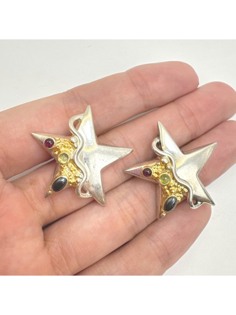 Puffed Star Sterling Silver 925 Multi Gemstone Chunky Statement Earrings Length